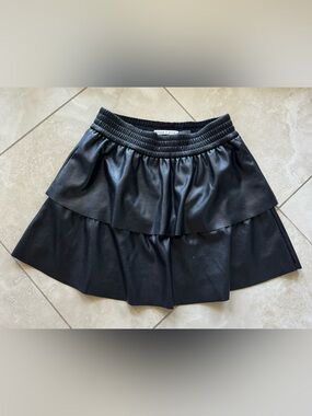 Alice & Olivia Jia Faux Leather Black Layered Mini Skirt Elastic Waistband Sz 2